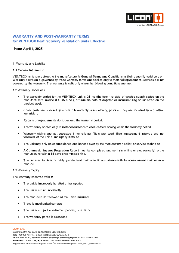 Warranty and post-warranty terms VENTBOX
